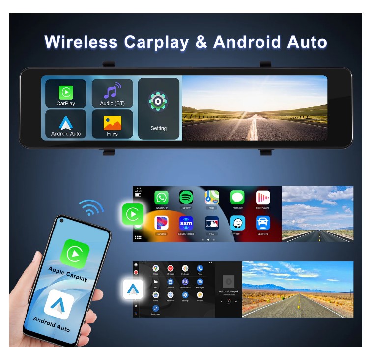 image_2 Огледална видеорегистраторна камера с безжична връзка Carplay Android Auto, 11.26” IPS сензорен екран за предно и задно виждане с двойна камера за автомобили и камиони, управление на видеото/Bluetooth/асистент за паркираненощно виждане/цикличен запис