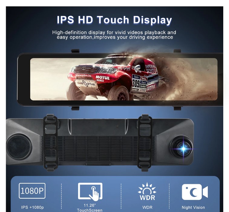 image_3 Огледална видеорегистраторна камера с безжична връзка Carplay Android Auto, 11.26” IPS сензорен екран за предно и задно виждане с двойна камера за автомобили и камиони, управление на видеото/Bluetooth/асистент за паркираненощно виждане/цикличен запис